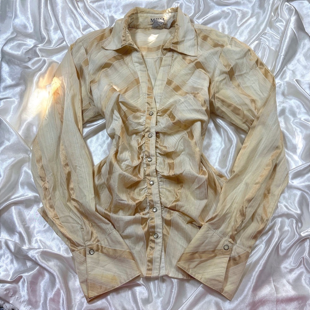 y2k MKM Designs Ruched Button Down Shirt Tan Good Metallic Striped Stretch XL